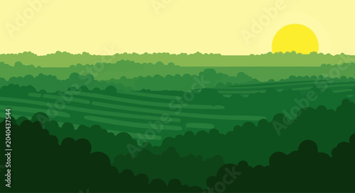 Flat design landscape with rolling green hills and a rising sun in a yellow sky