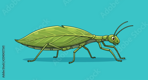Cartoon leaf insect illustration with vibrant green body on blue background