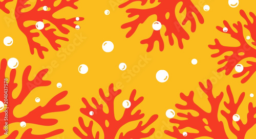 Coral reef pattern with bubbles, bright yellow background, flat graphic style.