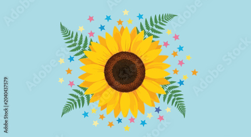 Graphic element featuring a sunflower, fern leaves, and scattered stars on a light blue background