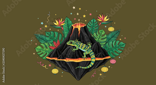 Tropical volcano landscape with gecko and exotic flowers, vector illustration