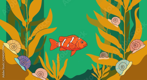 Underwater scene with clownfish swimming among kelp and colorful snails, vector illustration