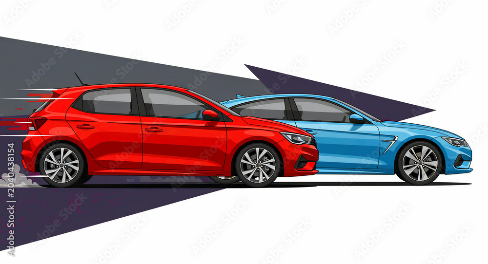 Obraz premium Red and blue cars racing on abstract background. Stylized illustration showing high-speed motion with dynamic lines. Automotive speed concept for marketing and racing themes.
