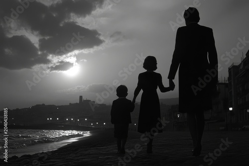 Family holding hands walking on beach during soft evening light