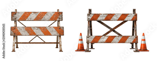 Konstfotografi Old weathered road barricades and traffic cones isolated on white background, fe