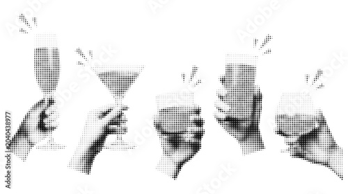 Bilde på lerret A set of halftone collage hands holding various champagne and cocktail glasses, depicting a celebratory toast with sparkling wine