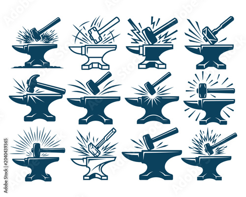 Blacksmith Anvil and Hammer Icons Collection Line Art Vector Set