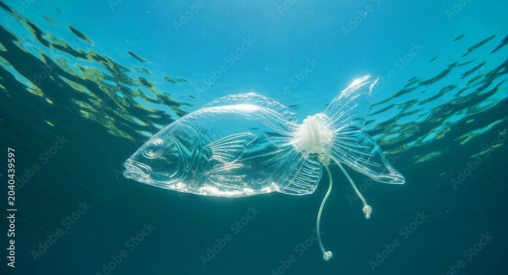 Obraz premium Fish made of clear plastic swimming in the deep blue ocean. Sunlight reflects off the transparent plastic body. Environmental pollution concept showing plastic waste impact on marine life.