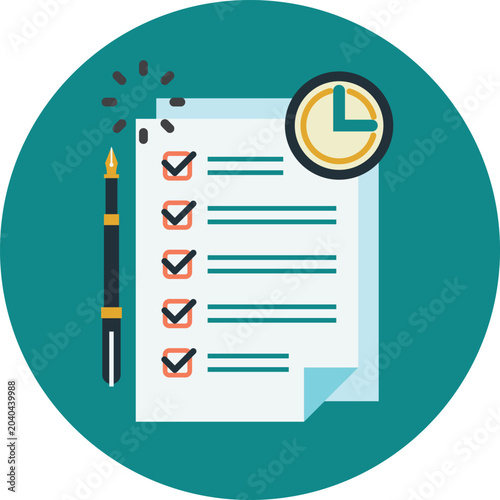 Foto Checklist document with a pen and a clock icon representing time management and