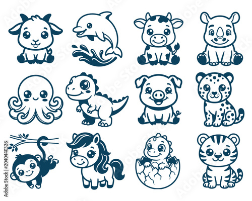 Cute Baby Animals Cartoon Collection Line Art Vector Set