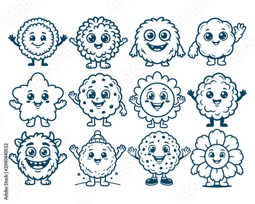 Cute Cartoon Character Faces Collection Line Art Vector Set