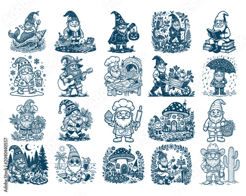 Cute Fantasy Gnome and Fairy Tale Characters Collection Line Art Vector Set