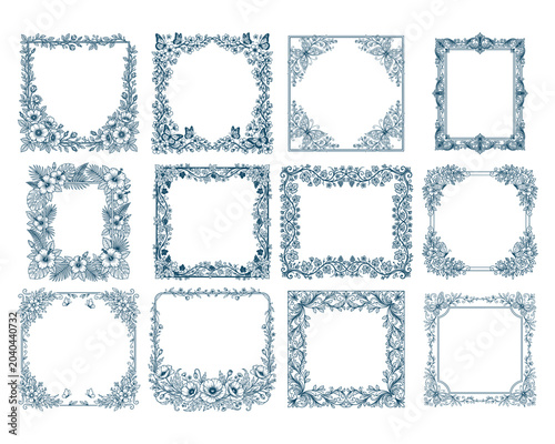 Elegant Floral Border Frames Collection Line Art Vector Set