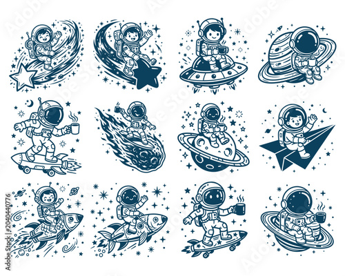 Cute Astronauts and UFOs Space Adventure Collection Line Art Vector Set