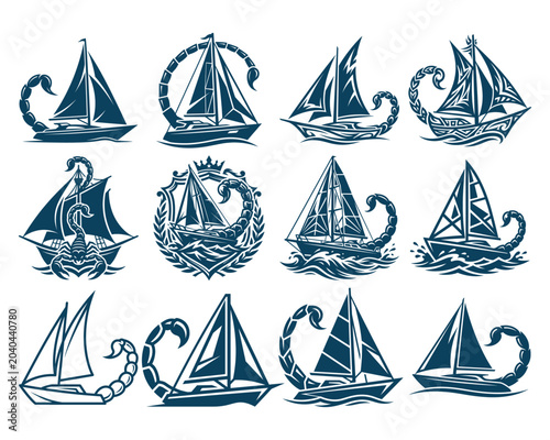 Vintage Sailing Ships Collection with Ocean Waves Line Art Vector Set
