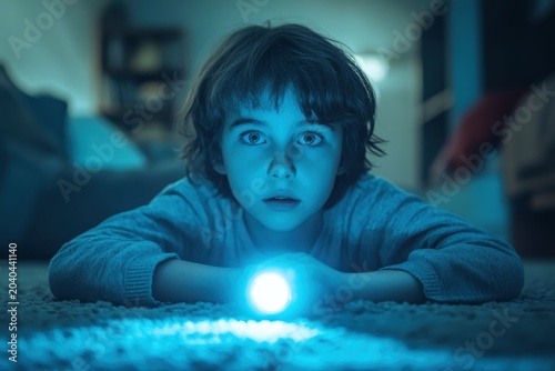 Child with flashlight during power outage, warm indoor lighting