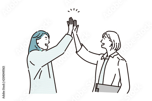 ハイタッチするビジネスパーソンーチームワークー成功を喜ぶ人々ーシンプルな線画ービジネスイラストBusinesspeople High-Fiving—Teamwork—People Celebrating Success—Simple Line Art—Business Illustration