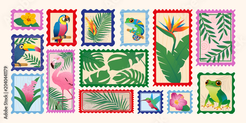 Canvas Print A large collection of colorful postage stamps featuring tropical birds like toucan and flamingo, wild animals, chameleons, exotic flowers, and monstera palm leaves