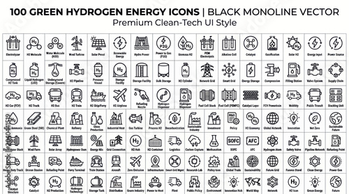 100 green hydrogen energy icons in black monoline vector style for cleantech ui