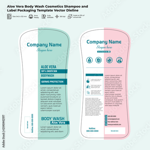 Aloe Vera Body Wash Cosmetics Shampoo and Label Packaging Template Vector Dieline