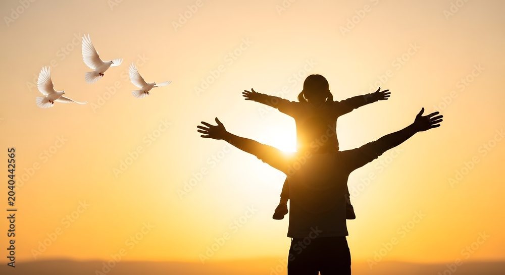 Fototapeta premium Father and child silhouetted against a warm sunset with flying doves International Peace Day