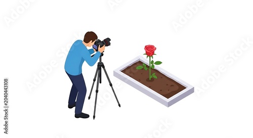 Photographer taking macro photo of a single rose flower