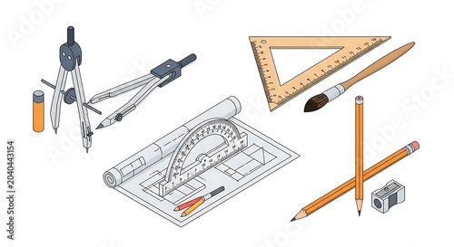 Engineering drafting tools and architectural blueprint set