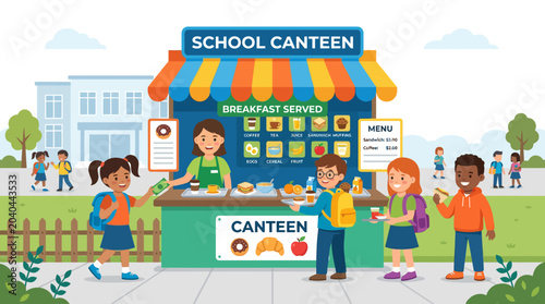 Happy Children Buying Food at School Canteen, Healthy Lunch Break, Education Concept
