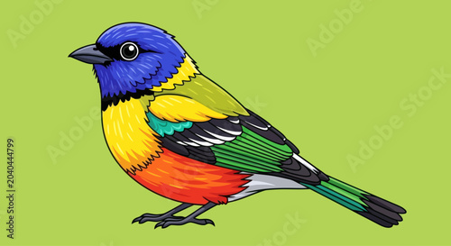 Colorful painted bunting bird illustration on green background, vector graphic element