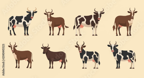 Foto Set of diverse cartoon cows in various colors and patterns, flat graphic illustr