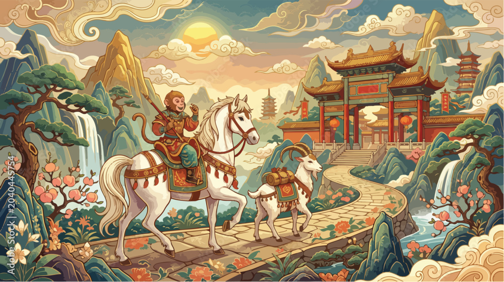 Obraz premium Monkey king riding a white horse with a goat traveling through a beautiful ancient chinese landscape
