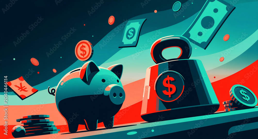 Obraz premium Piggy bank next to a heavy kettlebell weight with floating money. Stylized illustration shows coins and bills representing global finance. Concepts of inflation and debt for economic marketing.