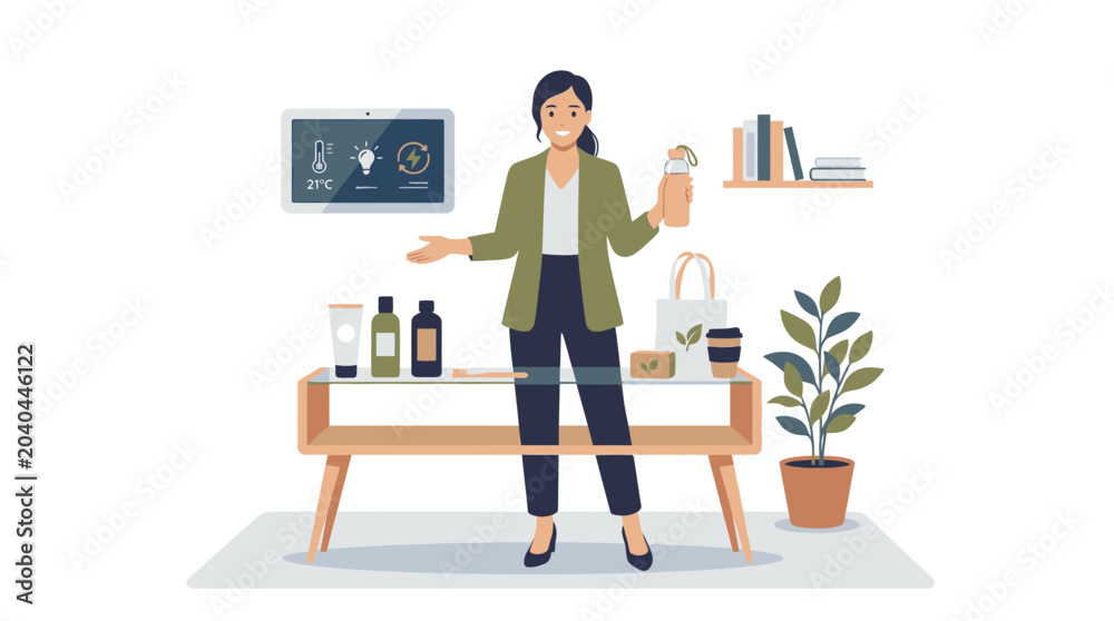 Fototapeta premium Smiling Woman Presenting Natural Beauty Products on Display Table.