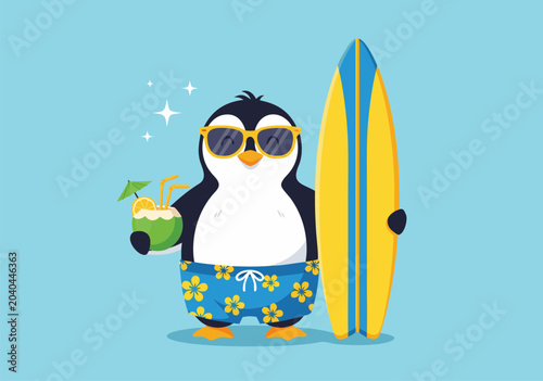 Bild auf Leinwand Delightful Surfer Penguin Vector Illustration for Summer Vacation Adorable Chara