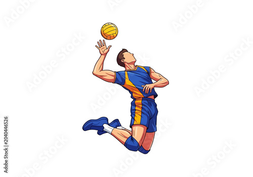 A dynamic illustration of a male volleyball player jumping to spike a ball.