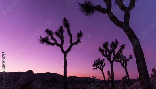 Obraz na plátně The iconic twisted Joshua trees silhouetted against a pink and purple desert sky