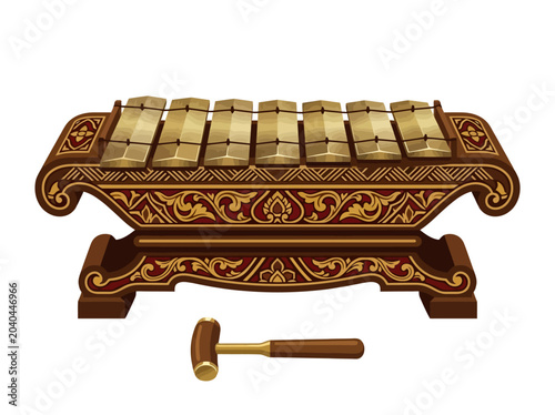 A traditional Indonesian Saron musical instrument with a wooden mallet.