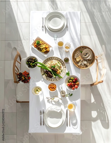 A bird's-eye view of a table set with food and dishes on a white tablecloth