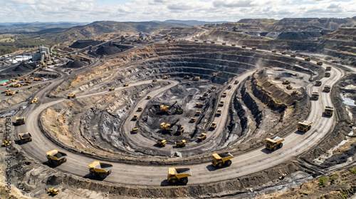 Quadro em tela Aerial view of pit mine coal mining, dumpers, quarrying extractive industry stripping work