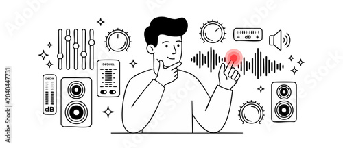 Fotografía Audio Engineer Mixing Sound Waves in a minimalist line art style, adjusting music equalizer and volume levels for podcast production, modern vector illustration of studio recording equipment controls