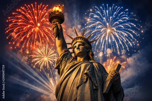 Statue of Liberty, iconic landmark, fireworks display, patriotic celebration, American symbol