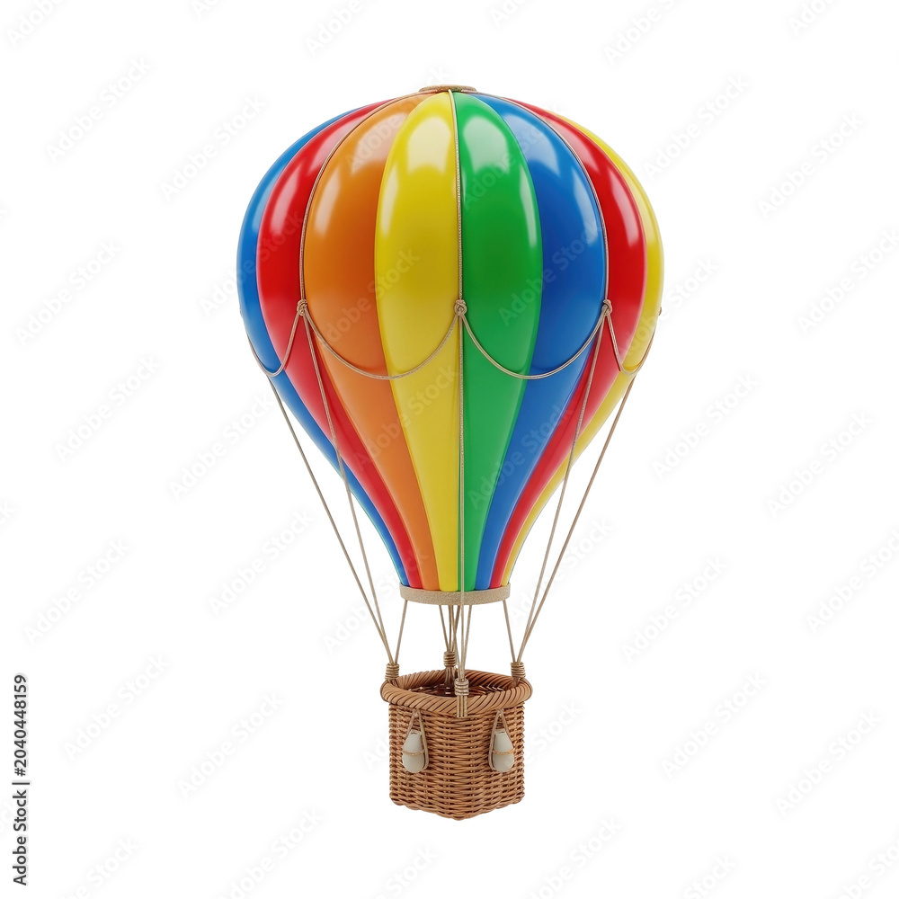 Fototapeta premium A colorful rainbow striped hot air balloon with a wicker basket isolated on a white background.