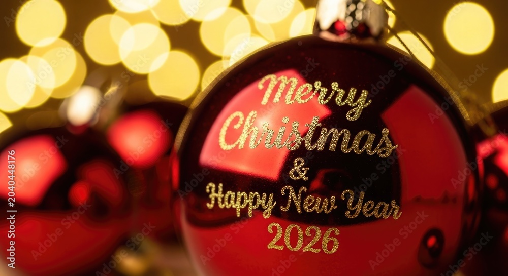 Naklejka premium Red christmas ornament with golden lettering reading merry christmas and happy new year 2026
