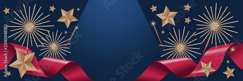 Festive Fourth of July Celebration with Fireworks, Stars, and Ribbons on Blue Background