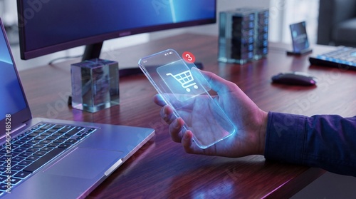 Digital shopping experience engaging e-commerce interaction home office image modern environment close-up view technology advancement
