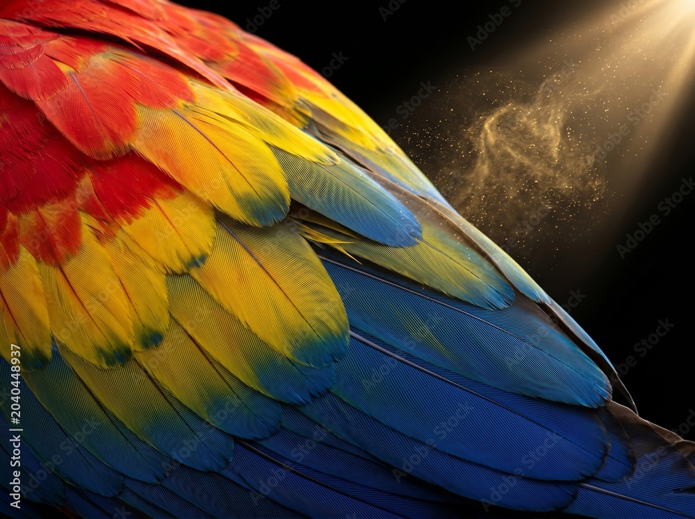 Obraz premium Colorful macaw parrot feathers illuminated by sunbeam in dark