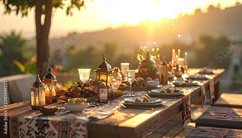 A long table set for dinner outdoors at sunset