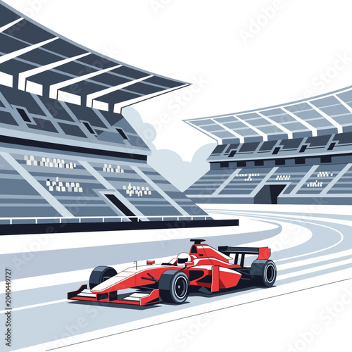 Red Formula Racing Car on Track with Stadium Background