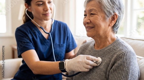 Healthcare professional providing compassionate care to senior patient at home medical consultation cozy indoor setting personal viewpoint wellness concept