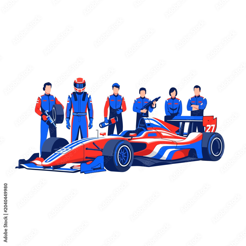 Obraz premium Race car and team in action - illustration